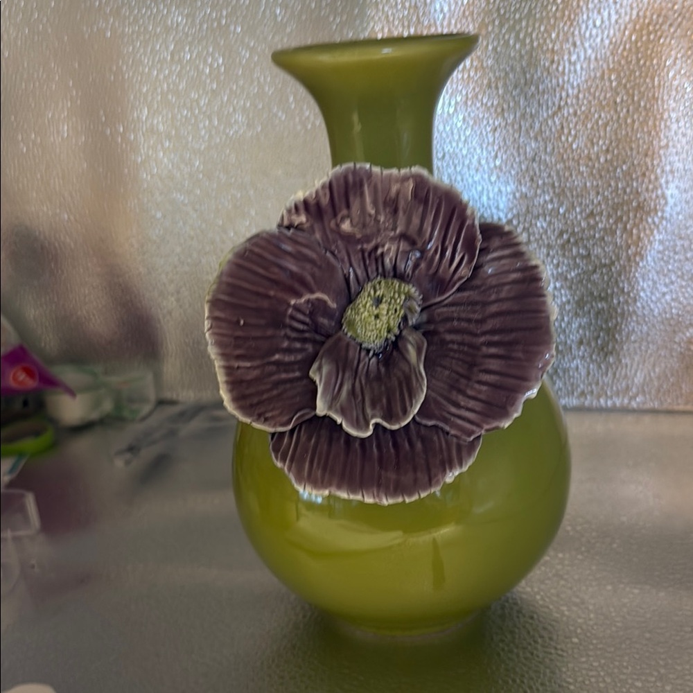 Vintage Rose of Sharon Grand ceramic Vase in Olive Green with a Purple 3D Flower